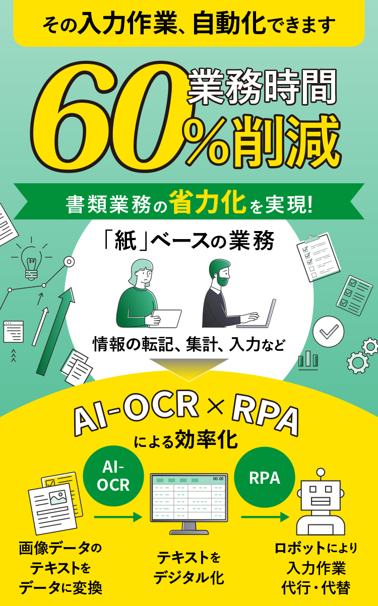 その入力作業、自動化できます。60％業務時間削減 書類業務の省力化を実現！