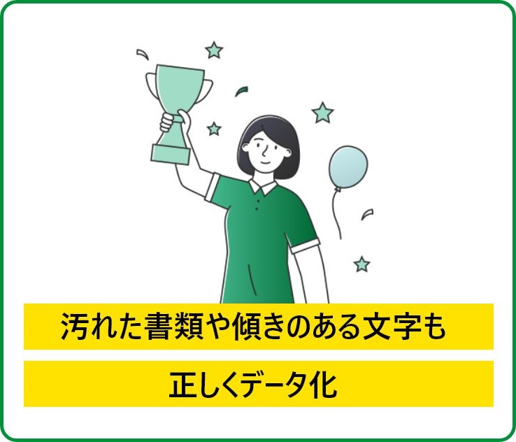 文書解析と 認識に関する 国際会議（ICDAR）で 4分野にて世界No.1を獲得。汚れた書類や傾きのある文字も 正しくデータ化